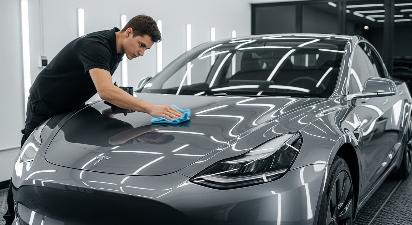 Close-up of self-healing clear paint protection film installation